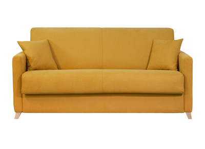 Sofá cama 3 plazas efecto aterciopelado amarillo mostaza con colchón de 12 cm SKANDY